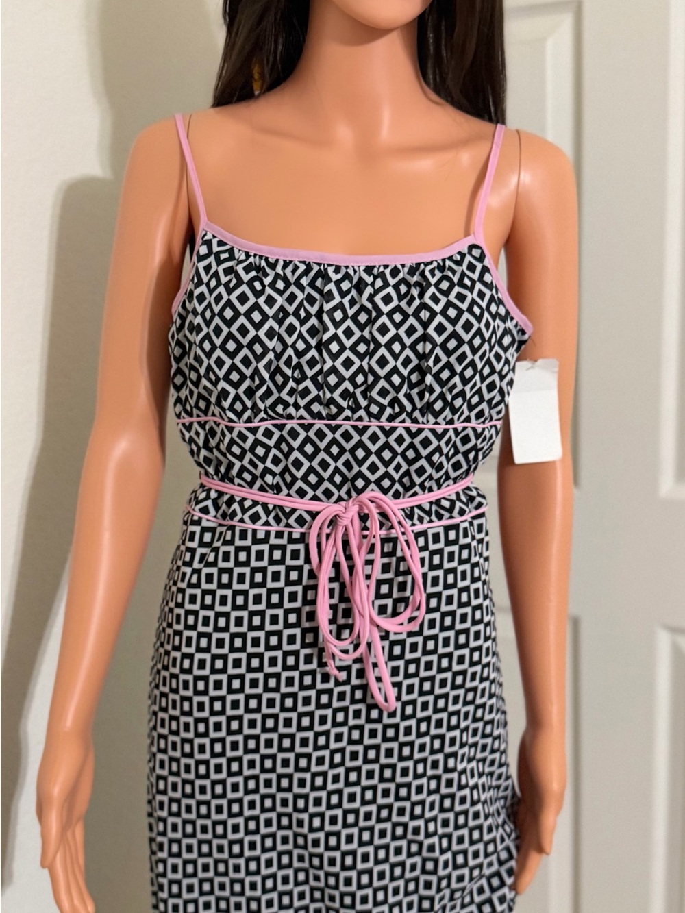 Black & Pink Geometric Spaghetti-Strap Dress with Waist Tie